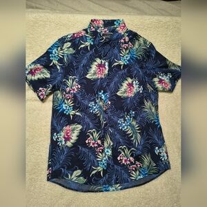 Club Room Navy Floral Short Sleeve Button-Up Shirt - Size L